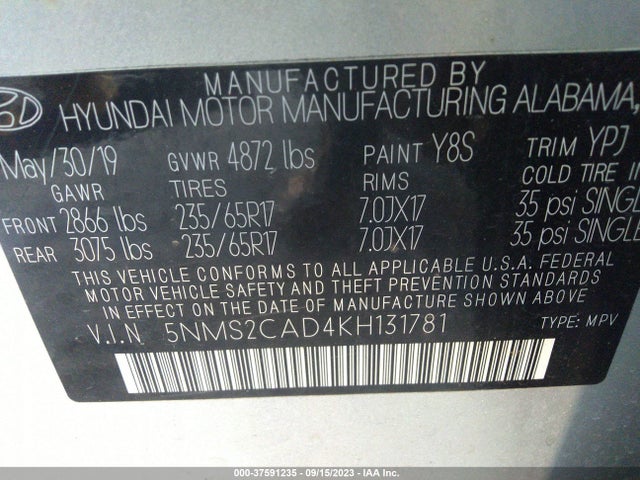 Hyundai Santa Fe Se 2019 5NMS2CAD4KH131781 Image 9