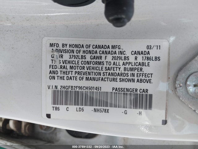 2012 HONDA CIVIC SDN EX-L VIN: 2HGFB2F96CH501451
