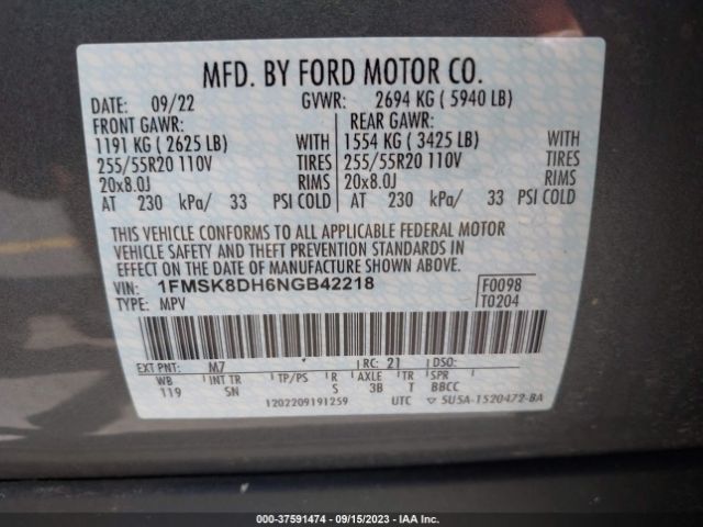 1FMSK8DH6NGB42218 Ford EXPLORER XLT