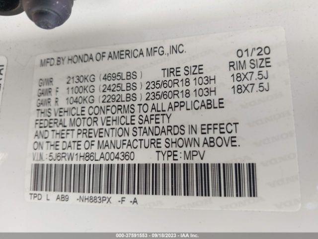 5J6RW1H86LA004360 Honda Cr-v Ex-l
