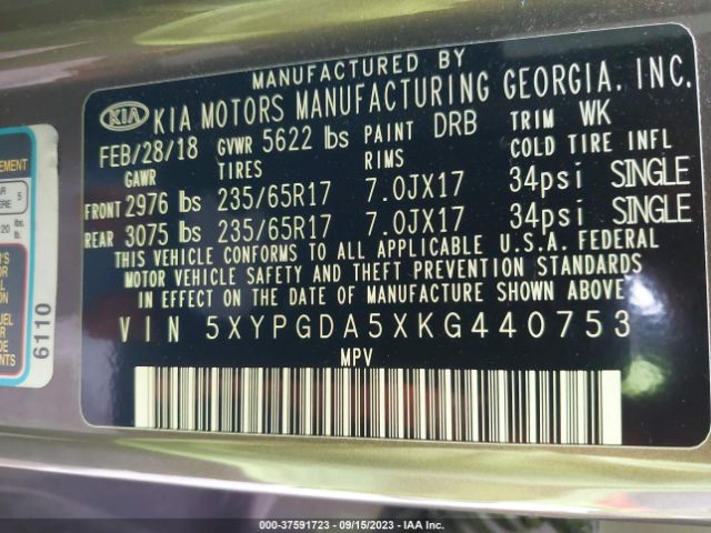 5XYPGDA5XKG440753 KIA Sorento Lx V6