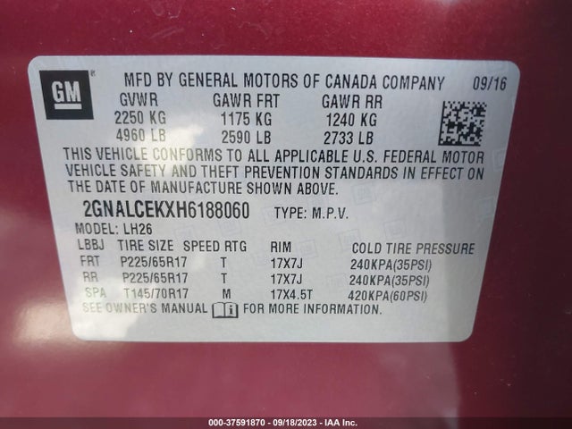 Chevrolet EQUINOX LT 2017 2GNALCEKXH6188060 Image 9