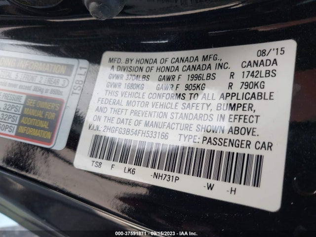 Honda Civic Lx 2015 2HGFG3B54FH533166 Image 9