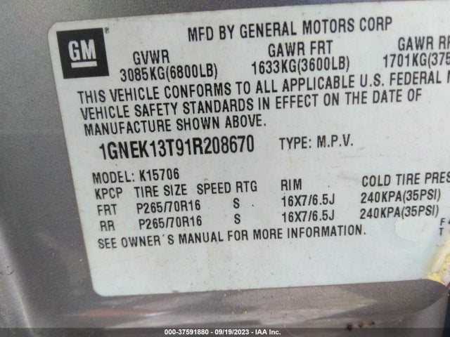 2001 CHEVROLET TAHOE 1GNEK13T91R208670 Photo 8