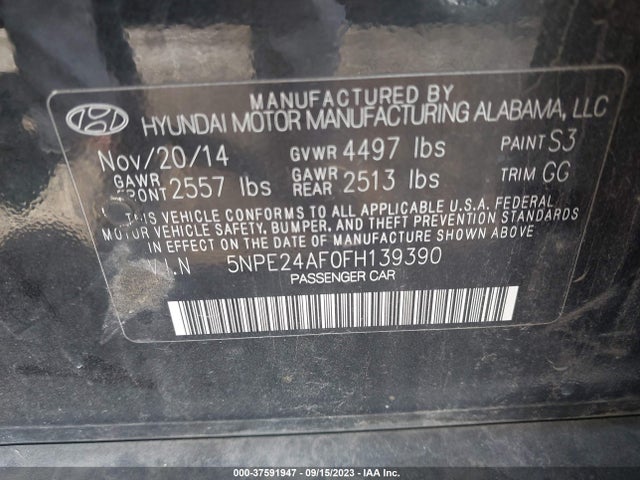 Hyundai Sonata 2.4l Se 2015 5NPE24AF0FH139390 Image 9