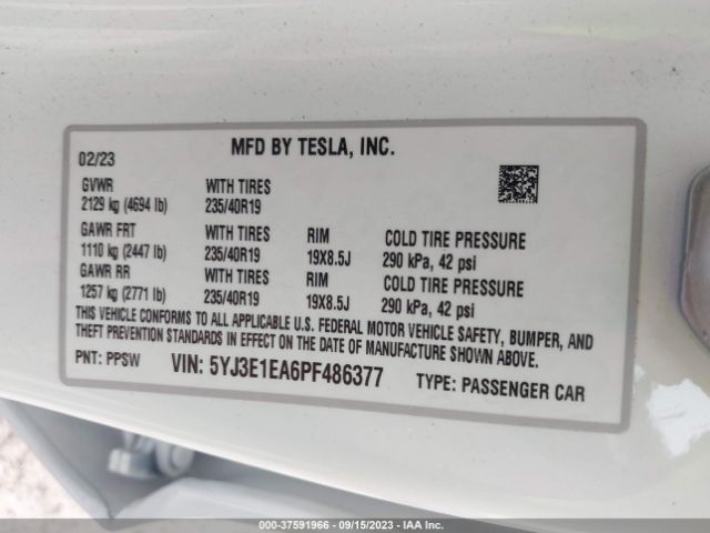 5YJ3E1EA6PF486377 Tesla MODEL 3