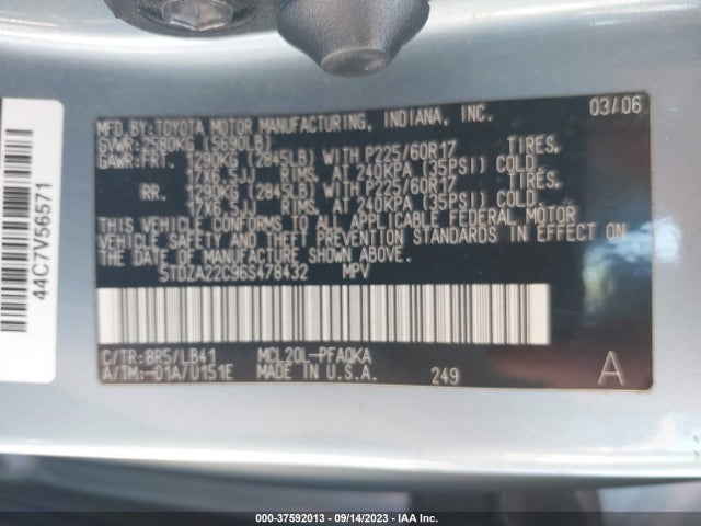 2006 TOYOTA SIENNA XLE VIN: 5TDZA22C96S478432