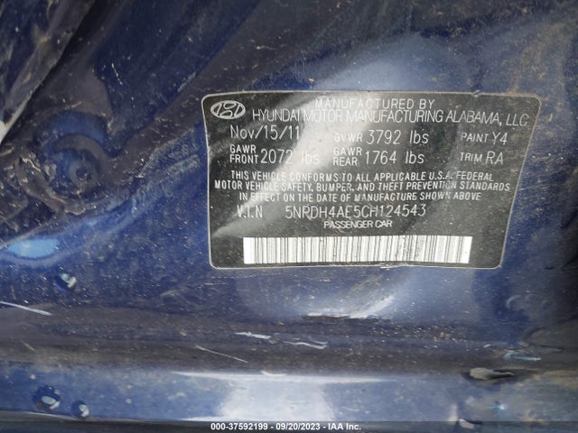 2012 HYUNDAI ELANTRA GLS VIN: 5NPDH4AE5CH124543