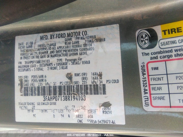 2008 FORD FUSION SE VIN: 3FAHP07138R194103