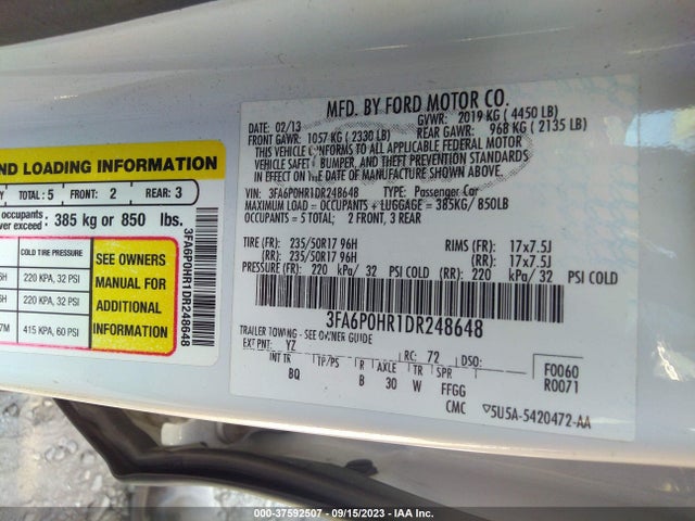 2013 FORD FUSION SE VIN: 3FA6P0HR1DR248648