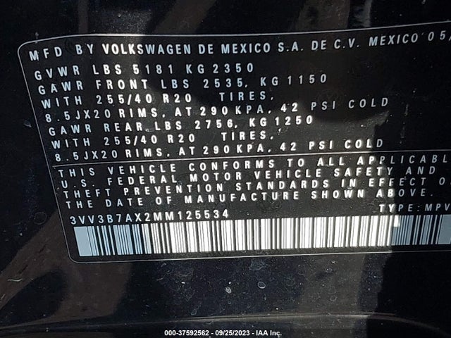 3VV3B7AX2MM125534 Volkswagen Tiguan Se/se R-line Black/sel