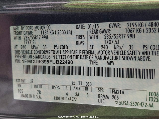 Ford ESCAPE SE 2015 1FMCU9G95FUB22490 Image 9