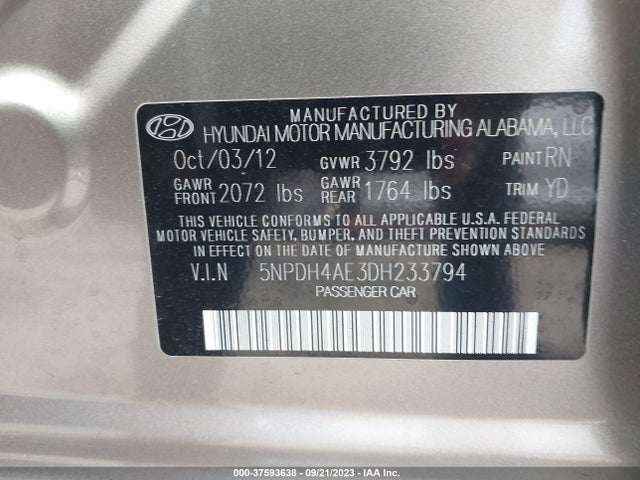 2013 HYUNDAI ELANTRA GLS VIN: 5NPDH4AE3DH233794
