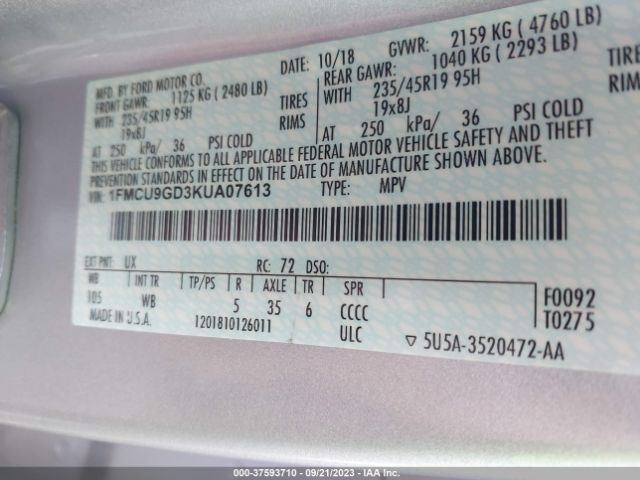 1FMCU9GD3KUA07613 Ford ESCAPE SE