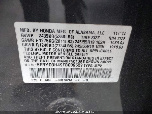 5FRYD3H49FB009529 Acura Mdx Tech Pkg