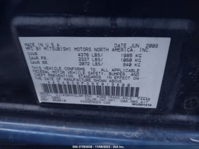 2009 MITSUBISHI GALANT 4A3AB36F39E019800 Photo 8