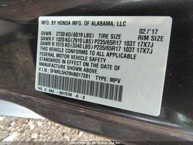 2017 HONDA ODYSSEY LX VIN: 5FNRL5H29HB017281
