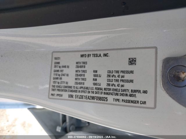 5YJ3E1EA2MF098025 Tesla Model 3 Standard Range Plus