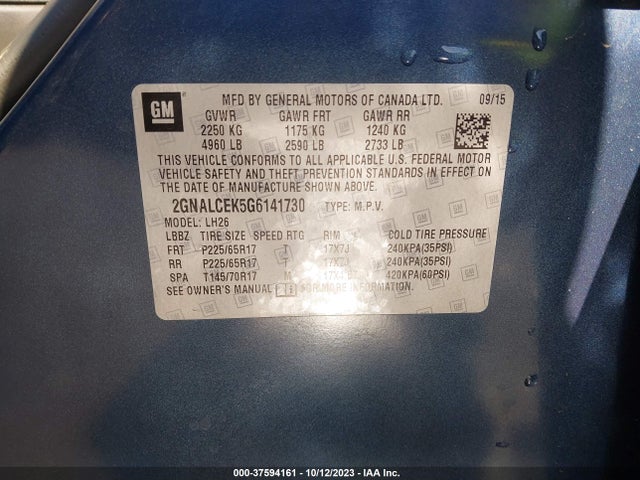 Chevrolet EQUINOX LT 2016 2GNALCEK5G6141730 Image 9