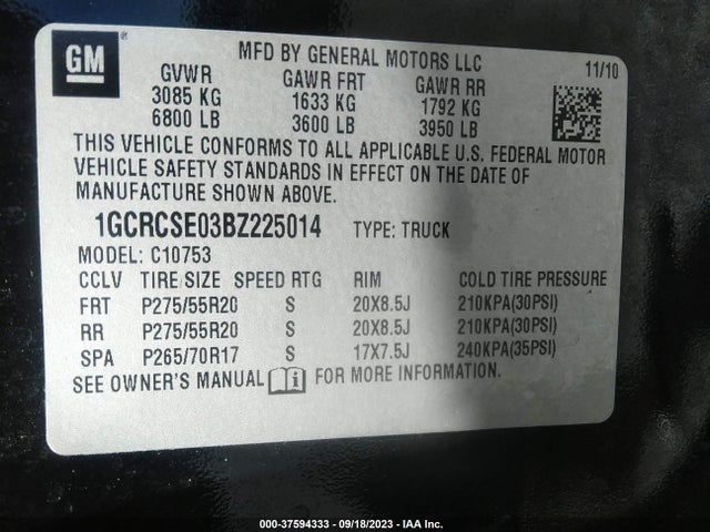 2011 CHEVROLET SILVERADO 1500 LT VIN: 1GCRCSE03BZ225014