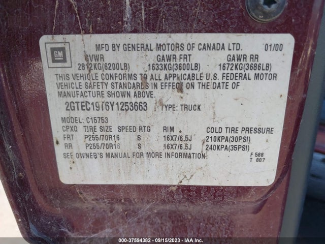 2000 GMC NEW SIERRA 1500 SLE VIN: 2GTEC19T6Y1253663