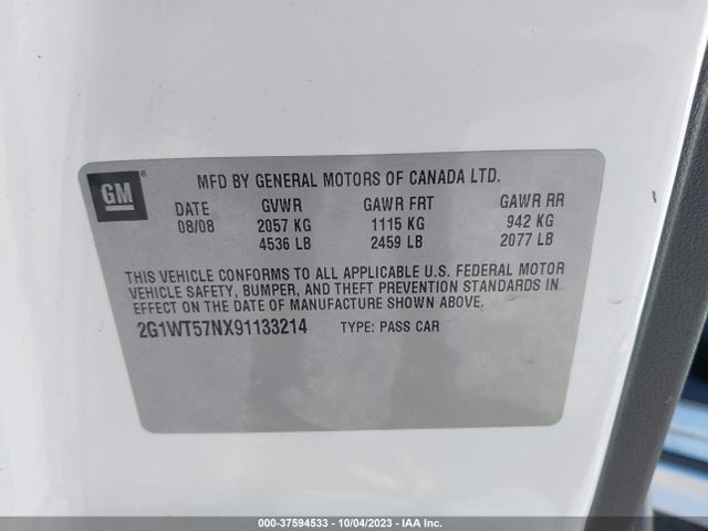 2009 CHEVROLET IMPALA 3.5L LT VIN: 2G1WT57NX91133214