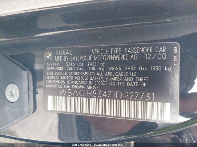 2001 BMW 7 SERIES 740IL VIN: WBAGH83471DP27731
