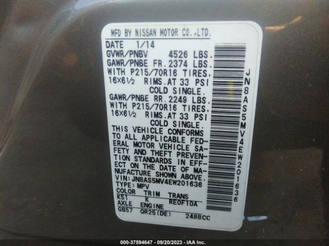 JN8AS5MV4EW201636 Nissan Rogue Select S