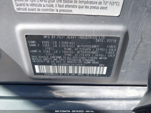 37594754 :رقم المزاد ، 4S4BRBGC0A3365977 vin ، 2010 Subaru Outback Prem All-weathr/pwr Moon مزاد بيع