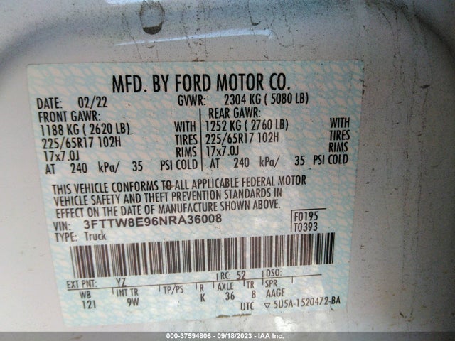 Ford Maverick Xl/xlt/lariat 2022 3FTTW8E96NRA36008 Image 9