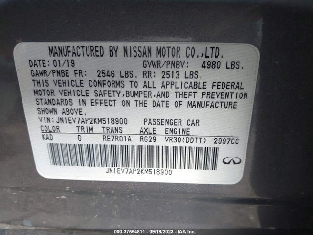 Aukcja sprzedaży 2019 Infiniti Q50 3.0t Luxe, vin: JN1EV7AP2KM518900, numer aukcji: 37594811