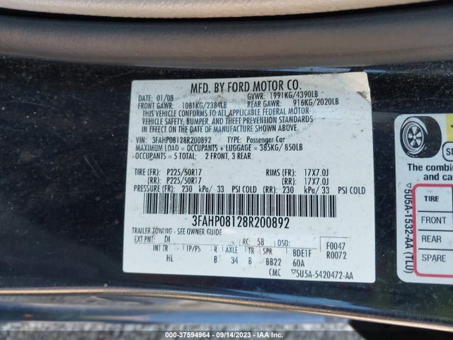 2008 FORD FUSION SEL VIN: 3FAHP08128R200892