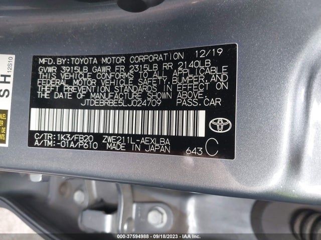 Toyota Corolla Hybrid Le 2020 JTDEBRBE5LJ024709 Image 9