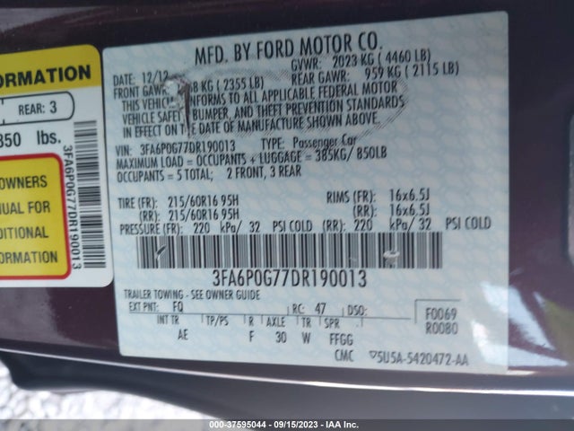 2013 FORD FUSION S VIN: 3FA6P0G77DR190013