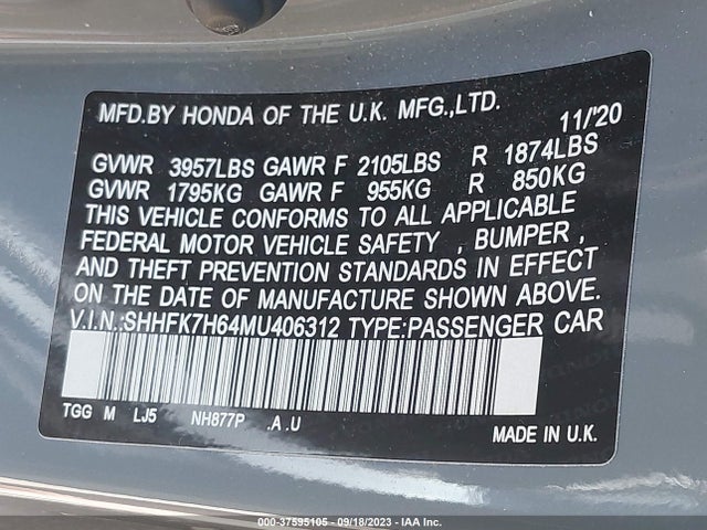 Honda Civic Hatchback Ex 2021 SHHFK7H64MU406312 Image 9