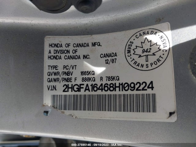 2008 HONDA CIVIC SDN DX-G VIN: 2HGFA16468H109224