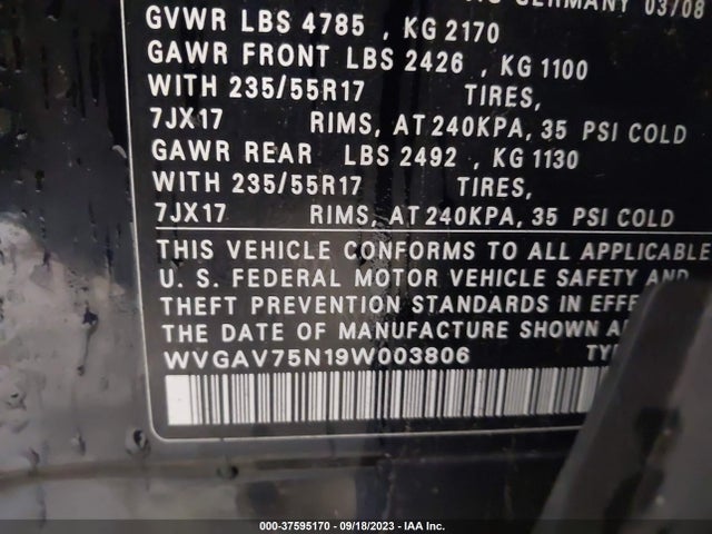 2009 VOLKSWAGEN TIGUAN S/SE/SEL/SE W/LEATHER VIN: WVGAV75N19W003806