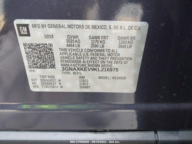 Chevrolet EQUINOX LT 2019 3GNAXKEV9KL216975 Image 9