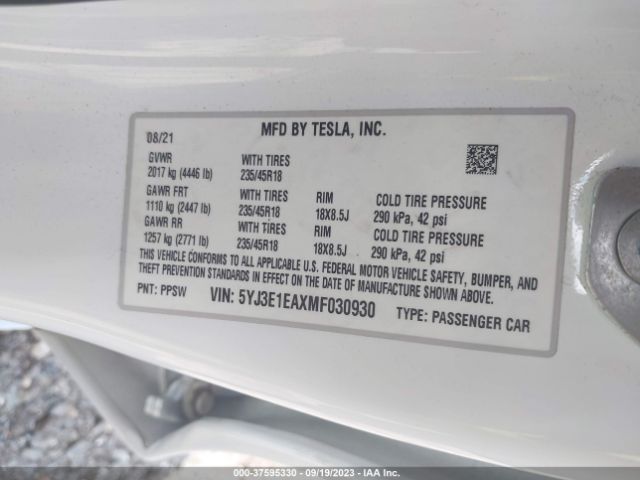 5YJ3E1EAXMF030930 Tesla Model 3 Standard Range Plus