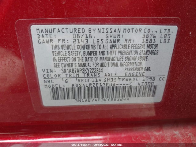 2019 NISSAN SENTRA VIN: 3N1AB7AP3KY223244