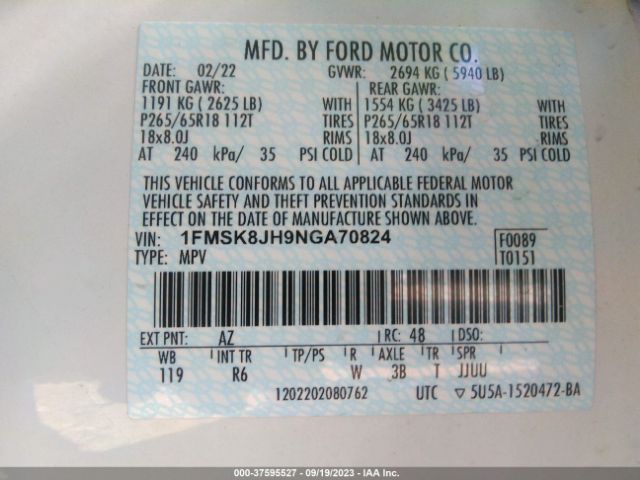 1FMSK8JH9NGA70824 Ford Explorer Timberline
