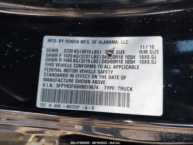 Honda Ridgeline Rtl-t 2017 5FPYK3F65HB019674 Image 9