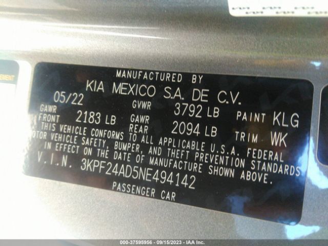 3KPF24AD5NE494142 KIA Forte Lxs