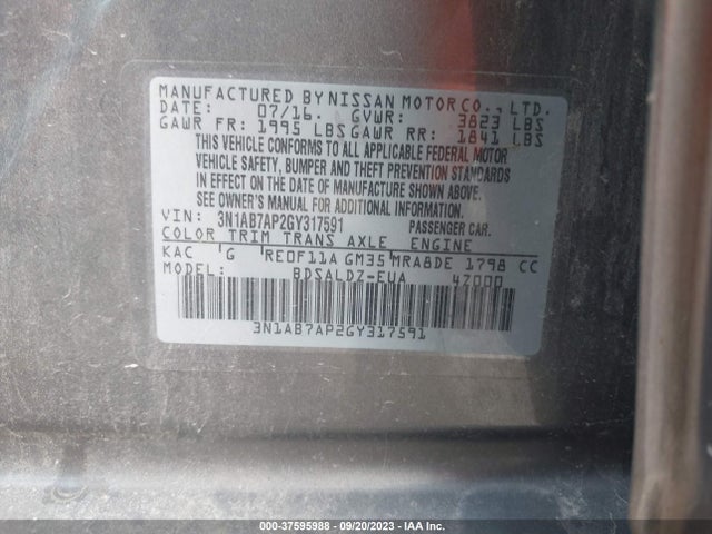 2016 NISSAN SENTRA SV VIN: 3N1AB7AP2GY317591