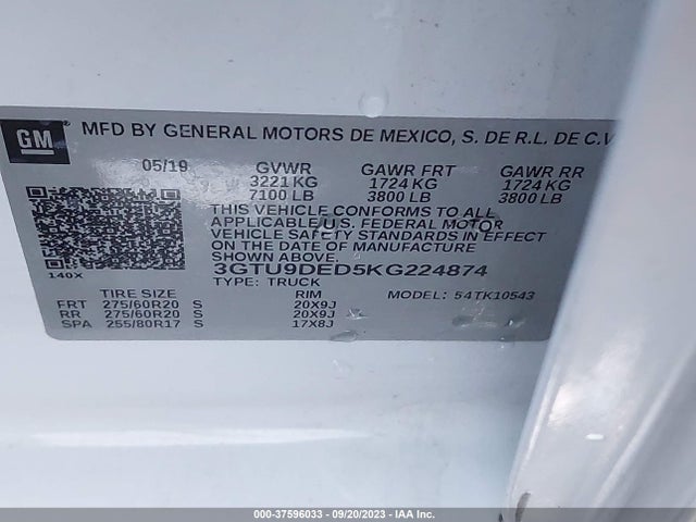 2019 GMC SIERRA 1500 SLT VIN: 3GTU9DED5KG224874