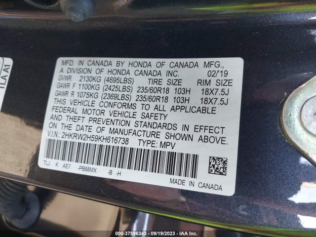Honda CR-V EX 2019 2HKRW2H59KH616738 Image 9