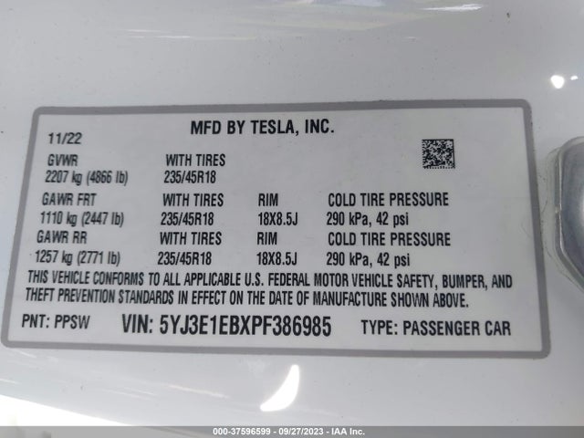 2023 Tesla 3, VIN: 5YJ3E1EBXPF386985