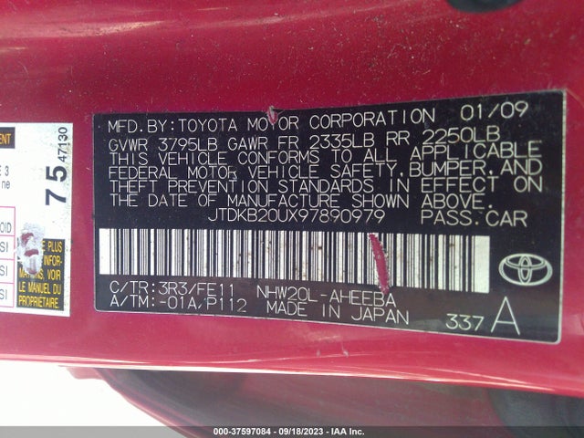 2009 TOYOTA PRIUS VIN: JTDKB20UX97890979