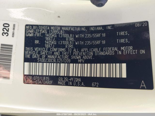 5TDDZ3DC9LS251209 Toyota SIENNA XLE