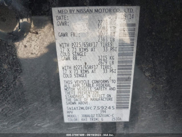 2015 NISSAN ROGUE SV VIN: 5N1AT2ML0FC759245